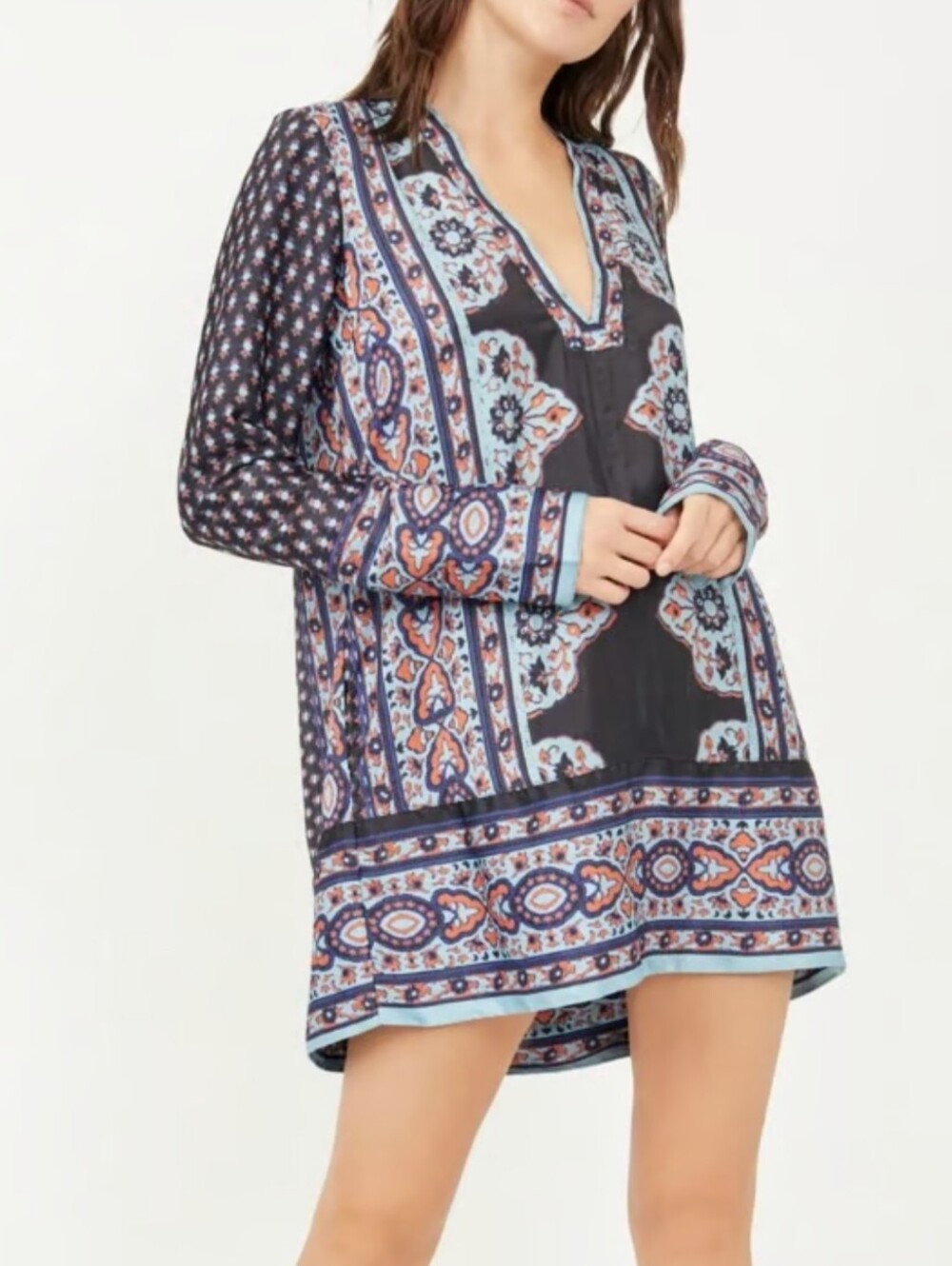 Free People Navy Mini Dress With Light Blue And Orange Mixed.Bohemian Inspired